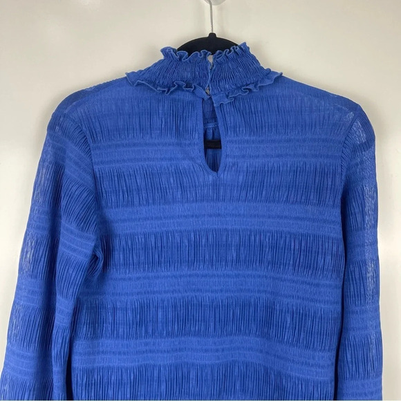TOPSHOP Mock Neck Long Sleeve Ruffle Plisse Top Blue Size US 4 - Picture 9 of 12